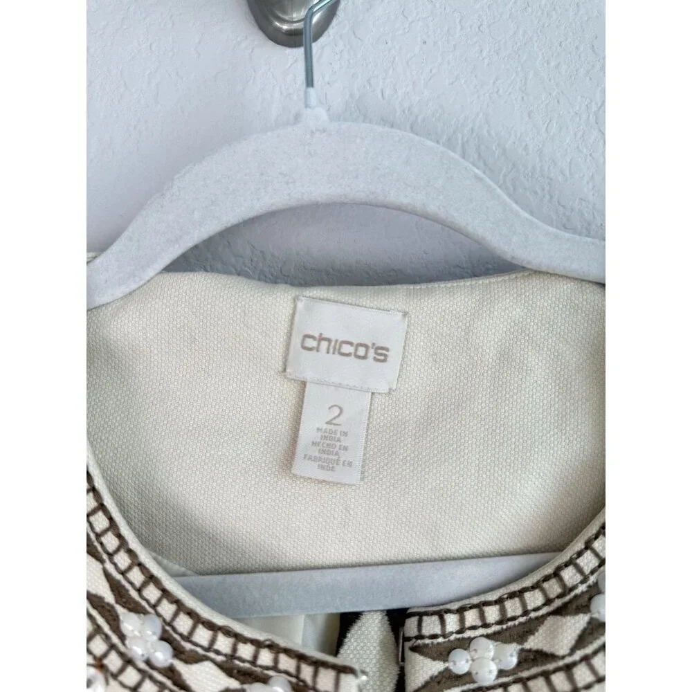 CHICO'S Women’s Embellished Jacket Tan Beige Embroidered‎ 3/4 Sleeves Size 2